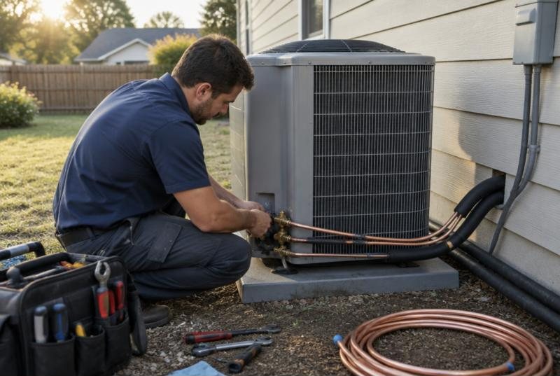 HVAC technician installing a new outdoor AC unit