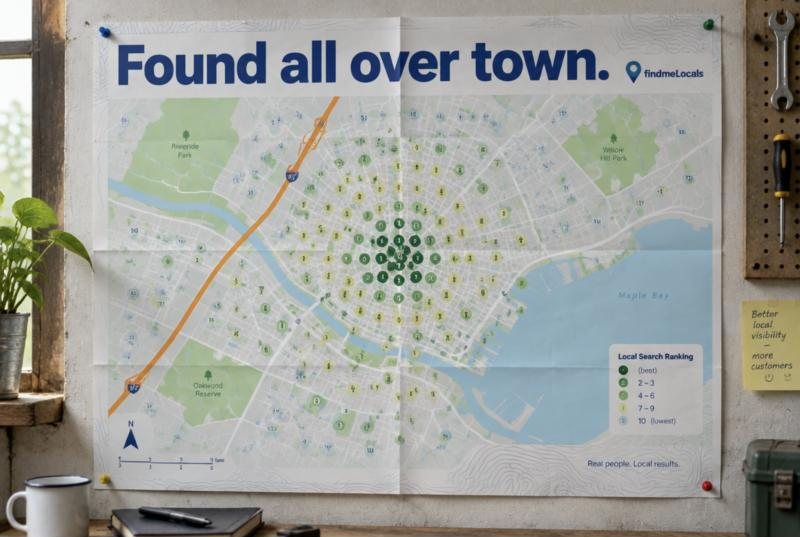 City map poster titled Found all over town, showing local search rankings clustered across the city
