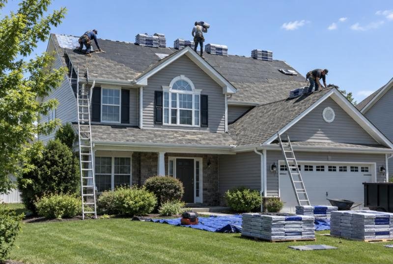 Roofing crew on a full roof replacement