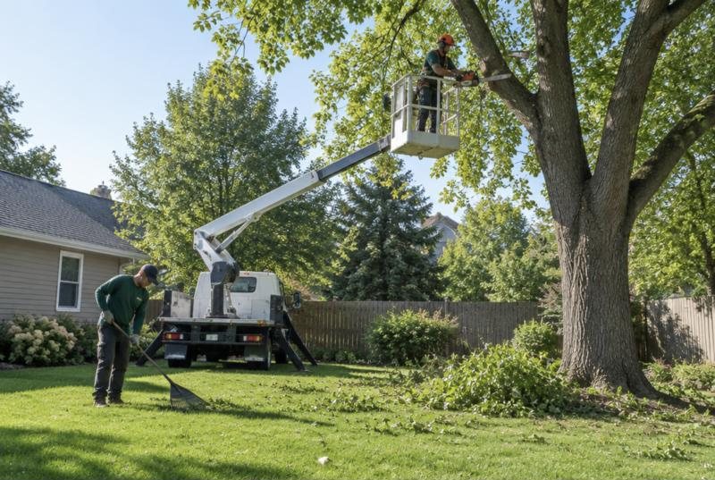Tree service crew trimming a backyard tree from a lift