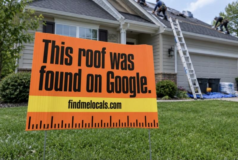 Yard sign on a front lawn reading: This roof was found on Google. findmelocals.com, with a roofing crew working on the house behind it